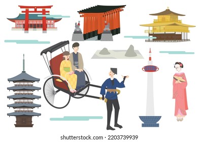 This is an illustration of a young male and female couple riding a rickshaw around famous sightseeing spots in Kyoto.