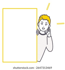 This is an illustration of a young man making an announcement with his face. vector.