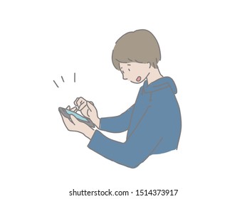 This is an illustration of a young man operating a smartphone. Easy to design with simple taste.