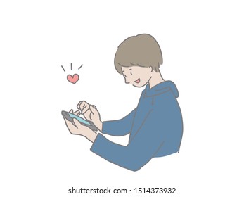 This is an illustration of a young man operating a smartphone. Easy to design with simple taste.