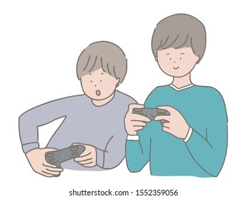 This is an illustration of a young man playing video games with two people.
