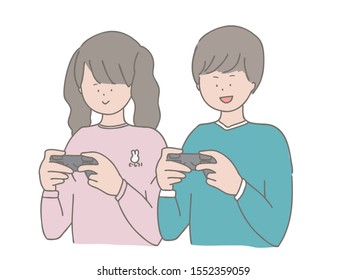 This is an illustration of a young man playing video games with two people.
