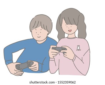 This is an illustration of a young man playing video games with two people.
