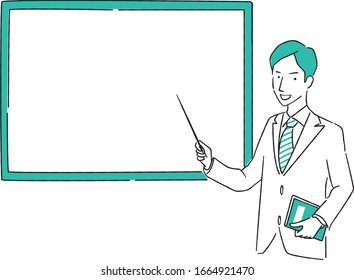 This is an illustration of a young man in a suit explaining with lines and emerald green