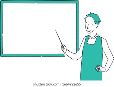 This is an illustration of a young man wearing an apron explaining with lines and emerald green