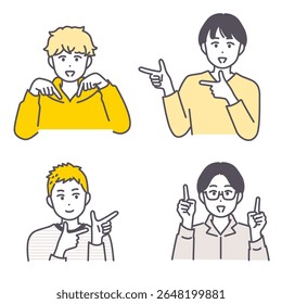 This is an illustration of young men pointing in various directions. vector.