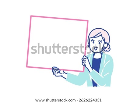 This is an illustration of a young woman holding a flipboard and making an announcement. vector.
