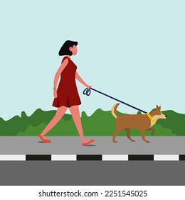 This is an illustration of a young woman walking her pet dog