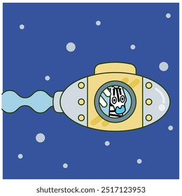 This is an illustration of a zebra enjoying an underwater trip on a submarine.