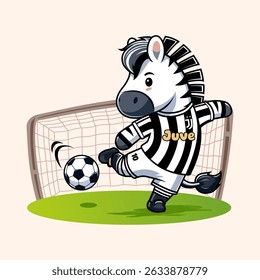 This is an illustration of a zebra playing football wearing a jersey as the mascot of Juve football club