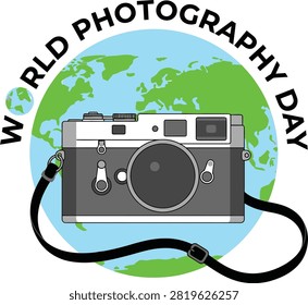 This illustrative design commemorates World Photography Day by showcasing a classic film camera centered over a vibrant globe graphic. The circular text frames the composition, highlighting the global nature of capturing moments through the lens of a professional camera device.