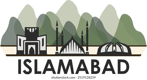 Este ícono ilustrativo de Islamabad captura la esencia de la capital de Pakistán, con sus Lugares famosos más emblemáticos: la Mezquita Faisal, el Edificio de la Corte Suprema y el Monumento a Pakistán, con el