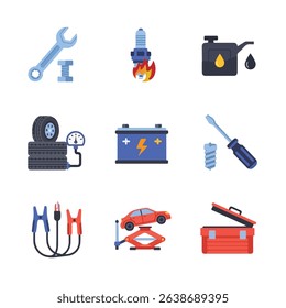 This illustrative image showcases nine diverse car repair icons in a 3x3 grid layout, featuring tools and accessories for vehicle maintenance and restoration.