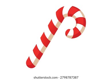 This illustrative red and white striped candy cane features a classic hook shape designed for Christmas holiday celebrations and festive winter themes. It is a sweet peppermint treat for all ages.