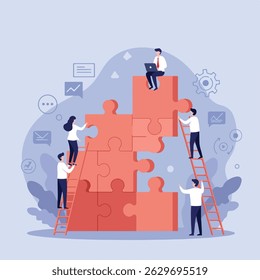 This illustrative vector image shows a group of people assembling a large jigsaw puzzle, symbolizing teamwork and problem-solving in a collaborative business environment.