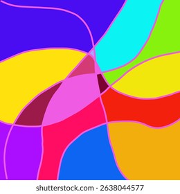 This image is an abstract illustration featuring various brightly colored shapes separated by flowing pink lines