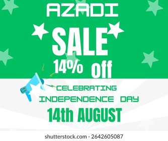 This image announces an "Azadi Sale" offering 14% off to celebrate Pakistan's Independence Day on August 14th.
