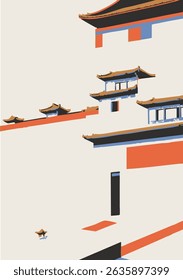 Esta imagem parece ser uma ilustração minimalista e estilizada da arquitetura tradicional do leste asiático, provavelmente inspirada em templos ou palácios chineses ou japoneses. A ilustração usa linhas simples e um