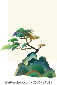 Esta imagem parece ser uma ilustração estilizada e artística de uma árvore crescendo em uma colina rochosa ou montanha. A árvore tem um tronco curvo e ramos espalhados com folhas em vários tons de verde
