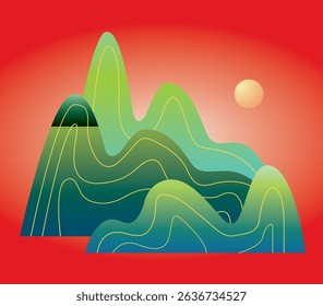 This image appears to be a stylized, artistic illustration of a tree growing on a rocky hill or mountain. The tree has a curved trunk and spreading branches with leaves in various shades of green