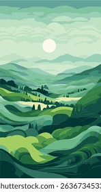 This image appears to be a stylized, artistic illustration of a tree growing on a rocky hill or mountain. The tree has a curved trunk and spreading branches with leaves in various shades of green
