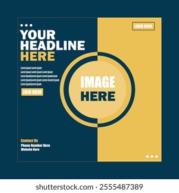 
This image appears to be a template for a flyer or promotional material. It features a split design with two dominant colors yellow and dark blue.