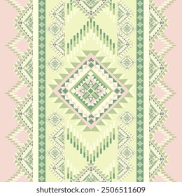 This image appears to show a traditional woven textile with intricate geometric patterns. The design features a combination of green and pastel tones, forming diamond shapes and zigzag lines. 