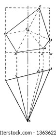 This image belongs to isometric of a partial pentagonal pyramid, vintage line drawing or engraving illustration.