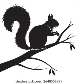 This image is a black silhouette illustration of a squirrel sitting on a tree branch. The squirrel is in a side profile position, facing right. Its bushy tail is curled upward, and it appears to be ho