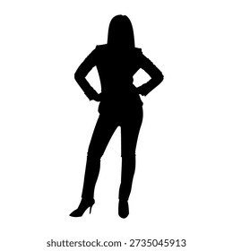 This image is a black silhouette vector illustration of a woman standing with her hands on her hips The figure is in a confident pose facing forward She is depicted wearing a business style outfit including a blazer pants and high heels The image is a common type of royalty free graphic used in  professional designs and illustrations It is a full body shot against a plain white background template photo black and white eps ai 



