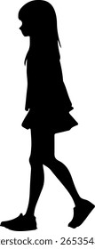 This image is a black silhouette of a young girl walking, shown from the side, wearing a dress and shoes, with her hair flowing down her back.