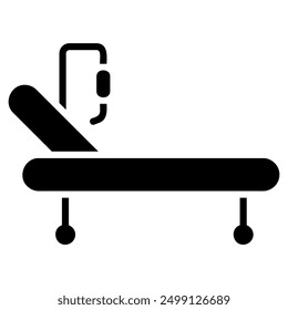 This image is a black and white icon depicting a hospital bed with an IV pole. It is a simple and recognizable symbol for healthcare and medical facilities.