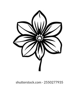 This image is a black and white illustration of a flower. The flower features six elongated, pointed petals, each adorned with intricate lines running from the center to the edges, giving the petals a