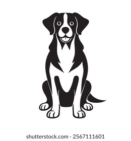 This image is a black and white illustration of a sitting dog. The dog has a friendly expression, with a prominent nose, ears, and a wagging tail, making it visually appealing.