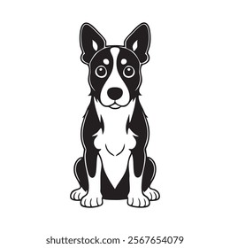 This image is a black and white illustration of a sitting dog. The dog has a friendly expression, with a prominent nose, ears, and a wagging tail, making it visually appealing.