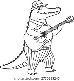 This image is a black and white line drawing of an anthropomorphic alligator wearing a hat and sunglasses, playing an acoustic guitar. The alligator is standing upright on its hind legs, with its tail extended behind it. It is dressed in a shirt, tie, and striped pants, giving it a stylish and modern appearance. The overall mood of the image is playful and fun, suggesting that the alligator is enjoying itself while making music.