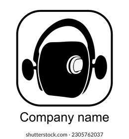 This image is a black and white logo of a company name. It features a circle with headphones inside, as well as some abstract shapes around it. The background is white and the text is black.