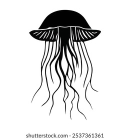 This image is a black and white, minimalist illustration of a jellyfish. The jellyfish has a dome-shaped bell with flowing tentacles extending downwards, depicted with simple, smooth lines.