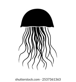 This image is a black and white, minimalist illustration of a jellyfish. The jellyfish has a dome-shaped bell with flowing tentacles extending downwards, depicted with simple, smooth lines.