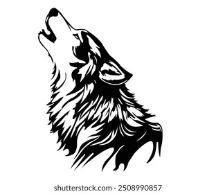 This image is black and white vector illustration of wolf howling. The head is tilted upward, with its mouth open as it howls. Design is stylized with bold, sharp lines that emphasize fur and contours