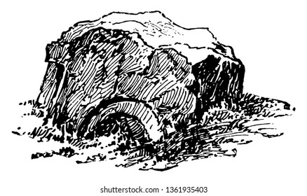 This is the image of a block of masonry with carving. There are some small plants around the block, vintage line drawing or engraving illustration.