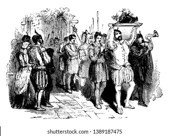 This is an image of a boar's head which is carried into a banquet hall accompanied by musicians. The boar's head festival we know today originated at Queen's Oxford England, vintage line drawing