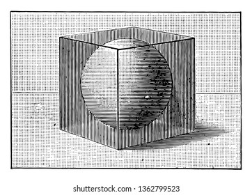 This image is of a box that having a ball inside, it can be thought of as a sphere inscribed in a cube, vintage line drawing or engraving illustration.