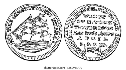 Esta es una imagen de los brass Hard Times Tokens de la moneda estadounidense. Obverse tiene barco de vela. Revertir es inscripción, dibujo de línea vintage o ilustración de grabado.