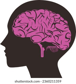 This image is called “Brain in Head”. It is a graphic Vector of a human head in profile with a pink brain inside. The head is black and the brain is pink. 