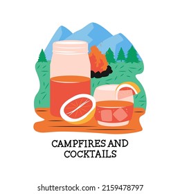 This is image Camping with text – Campfires and cocktails. Outdoor recreation is suitable for for logo designs, t-shirts, badges, posters, etc. 