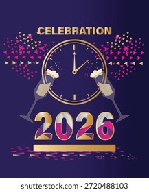 Dieses Bild fängt das Wesen einer Neujahrsfeier 2026 mit einem Countdown-Thema ein. Eine Uhr mit goldenem Rand, die die Hände gegen Mitternacht zeigt, wird hervorgehoben, flankiert von zwei eleganten Champagnerflöten, die mit Blasen gefüllt sind. Das Jahr '2026' ist in fett, Farbverlauf golden und rosa Zahlen am unteren Rand, sitzend auf einem goldenen Balken. Über der Uhr leuchtet das Wort "FEIER" in Gold. Der tiefe violette Hintergrund ist mit einem dynamischen Schuss rosa und goldenen dreieckigen Konfetti geschmückt, der die festliche und fröhliche Atmosphäre des neuen Jahres ergänzt.