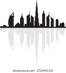 Esta Imagen captura el icónico horizonte de Dubái, con sus edificios más reconocibles. La silueta del paisaje urbano incluye el Burj Khalifa, el edificio más alto del mundo, junto con otros rascacielos modernos. El reflejo de los edificios en el agua de abajo añade un toque simétrico y sereno al paisaje urbano.