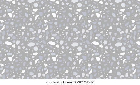 Esta Imagen captura un patrón de terrazo sin fisuras con virutas de piedra gris y motas incrustadas en una matriz gris claro, imitando el piso de hormigón pulido para un efecto de superficie moderno y texturizado.