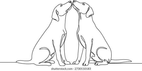 Esta Imagen capta un momento tierno entre dos perros sentados juntos, sus narices tocándose en un simbolo de amistad y compañerismo, dibujado en un estilo minimalista de arte de línea negra sobre un fondo blanco.